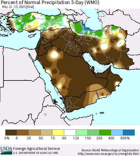 Middle East and Turkey Percent of Normal Precipitation 5-Day (WMO) Thematic Map For 5/11/2023 - 5/15/2023