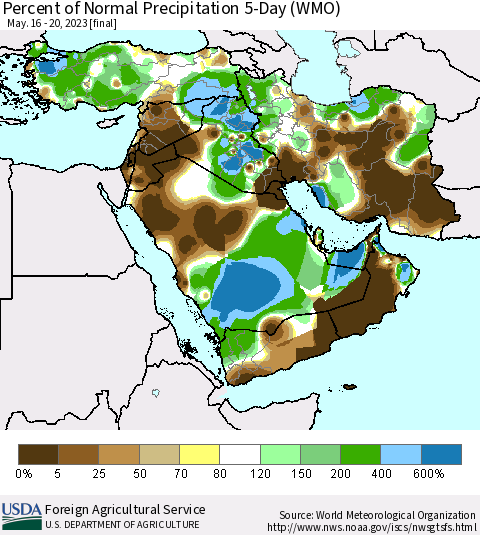 Middle East and Turkey Percent of Normal Precipitation 5-Day (WMO) Thematic Map For 5/16/2023 - 5/20/2023