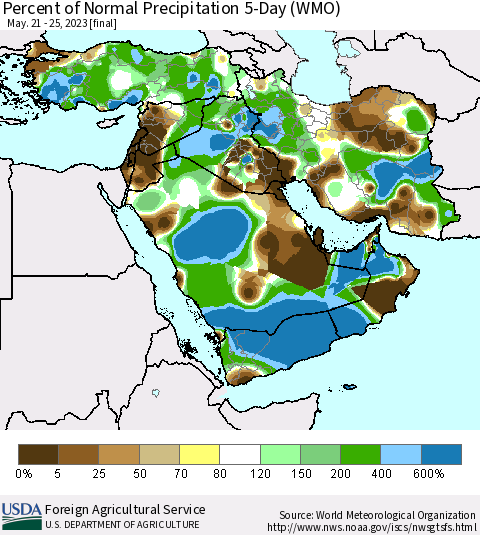 Middle East and Turkey Percent of Normal Precipitation 5-Day (WMO) Thematic Map For 5/21/2023 - 5/25/2023