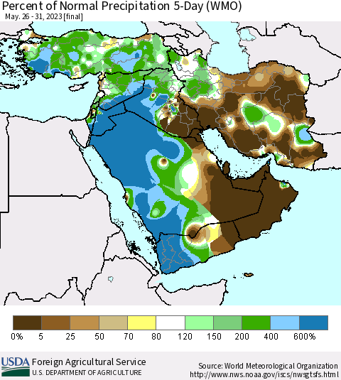 Middle East and Turkey Percent of Normal Precipitation 5-Day (WMO) Thematic Map For 5/26/2023 - 5/31/2023