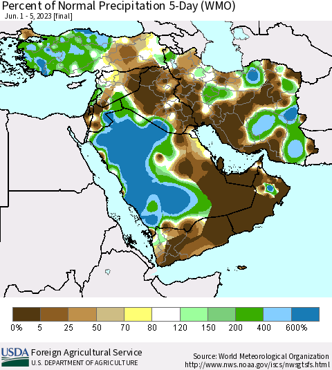 Middle East and Turkey Percent of Normal Precipitation 5-Day (WMO) Thematic Map For 6/1/2023 - 6/5/2023