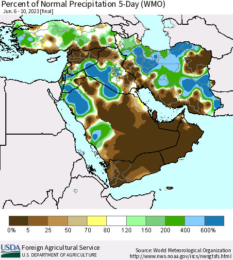 Middle East and Turkey Percent of Normal Precipitation 5-Day (WMO) Thematic Map For 6/6/2023 - 6/10/2023