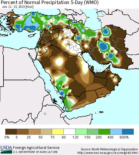 Middle East and Turkey Percent of Normal Precipitation 5-Day (WMO) Thematic Map For 6/11/2023 - 6/15/2023