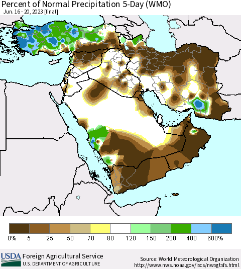 Middle East and Turkey Percent of Normal Precipitation 5-Day (WMO) Thematic Map For 6/16/2023 - 6/20/2023