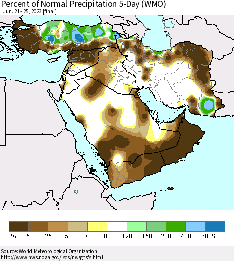 Middle East and Turkey Percent of Normal Precipitation 5-Day (WMO) Thematic Map For 6/21/2023 - 6/25/2023