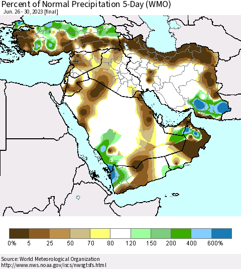 Middle East and Turkey Percent of Normal Precipitation 5-Day (WMO) Thematic Map For 6/26/2023 - 6/30/2023