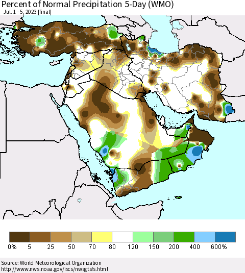 Middle East and Turkey Percent of Normal Precipitation 5-Day (WMO) Thematic Map For 7/1/2023 - 7/5/2023
