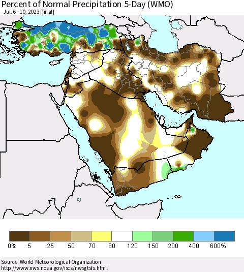 Middle East and Turkey Percent of Normal Precipitation 5-Day (WMO) Thematic Map For 7/6/2023 - 7/10/2023