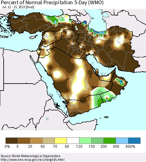 Middle East and Turkey Percent of Normal Precipitation 5-Day (WMO) Thematic Map For 7/11/2023 - 7/15/2023