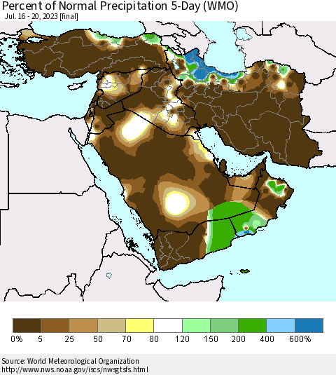 Middle East and Turkey Percent of Normal Precipitation 5-Day (WMO) Thematic Map For 7/16/2023 - 7/20/2023
