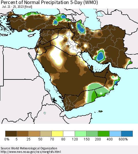 Middle East and Turkey Percent of Normal Precipitation 5-Day (WMO) Thematic Map For 7/21/2023 - 7/25/2023