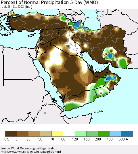 Middle East and Turkey Percent of Normal Precipitation 5-Day (WMO) Thematic Map For 7/26/2023 - 7/31/2023