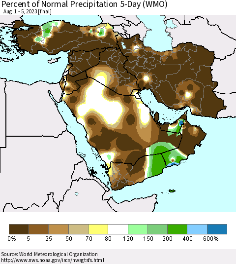 Middle East and Turkey Percent of Normal Precipitation 5-Day (WMO) Thematic Map For 8/1/2023 - 8/5/2023