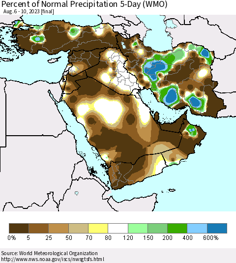 Middle East and Turkey Percent of Normal Precipitation 5-Day (WMO) Thematic Map For 8/6/2023 - 8/10/2023