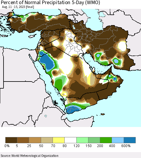 Middle East and Turkey Percent of Normal Precipitation 5-Day (WMO) Thematic Map For 8/11/2023 - 8/15/2023