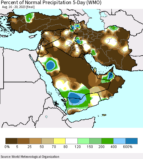 Middle East and Turkey Percent of Normal Precipitation 5-Day (WMO) Thematic Map For 8/16/2023 - 8/20/2023