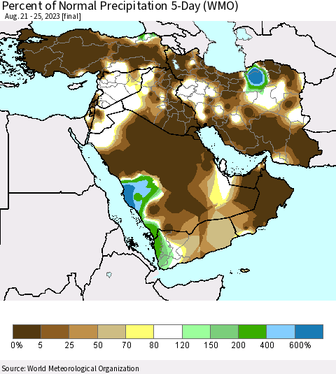 Middle East and Turkey Percent of Normal Precipitation 5-Day (WMO) Thematic Map For 8/21/2023 - 8/25/2023