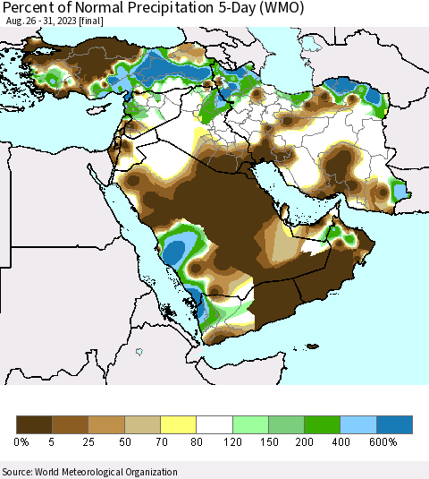 Middle East and Turkey Percent of Normal Precipitation 5-Day (WMO) Thematic Map For 8/26/2023 - 8/31/2023