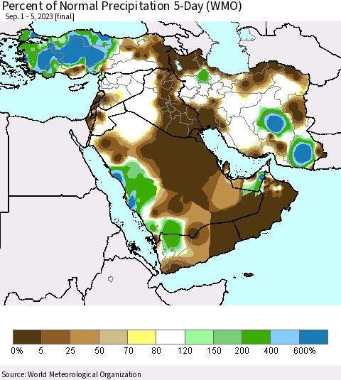 Middle East and Turkey Percent of Normal Precipitation 5-Day (WMO) Thematic Map For 9/1/2023 - 9/5/2023