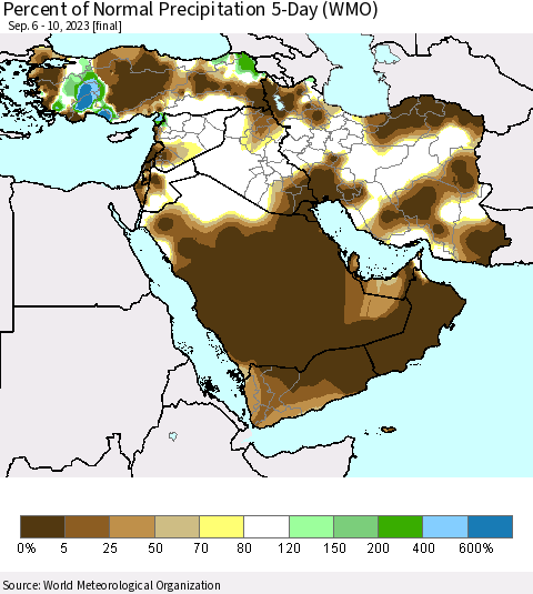 Middle East and Turkey Percent of Normal Precipitation 5-Day (WMO) Thematic Map For 9/6/2023 - 9/10/2023