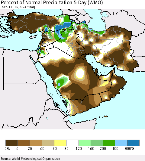 Middle East and Turkey Percent of Normal Precipitation 5-Day (WMO) Thematic Map For 9/11/2023 - 9/15/2023