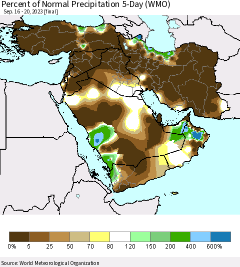 Middle East and Turkey Percent of Normal Precipitation 5-Day (WMO) Thematic Map For 9/16/2023 - 9/20/2023