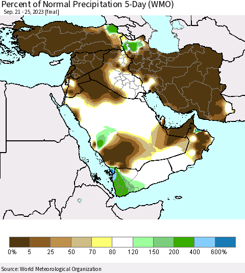 Middle East and Turkey Percent of Normal Precipitation 5-Day (WMO) Thematic Map For 9/21/2023 - 9/25/2023