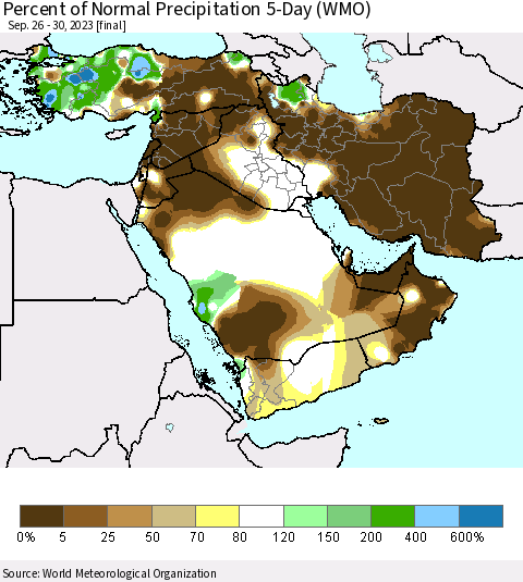 Middle East and Turkey Percent of Normal Precipitation 5-Day (WMO) Thematic Map For 9/26/2023 - 9/30/2023