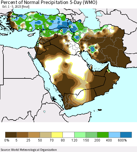 Middle East and Turkey Percent of Normal Precipitation 5-Day (WMO) Thematic Map For 10/1/2023 - 10/5/2023