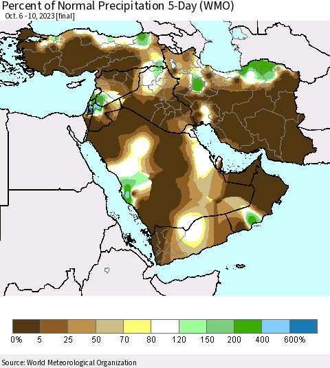 Middle East and Turkey Percent of Normal Precipitation 5-Day (WMO) Thematic Map For 10/6/2023 - 10/10/2023