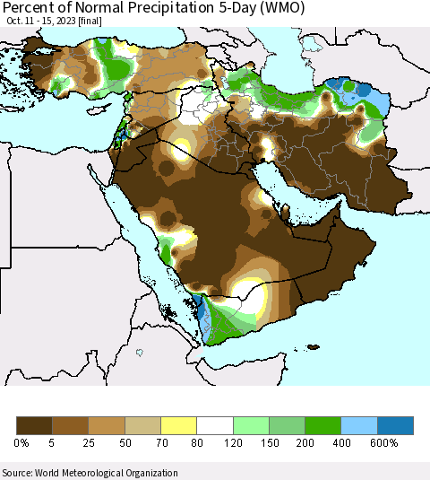 Middle East and Turkey Percent of Normal Precipitation 5-Day (WMO) Thematic Map For 10/11/2023 - 10/15/2023