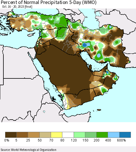 Middle East and Turkey Percent of Normal Precipitation 5-Day (WMO) Thematic Map For 10/16/2023 - 10/20/2023
