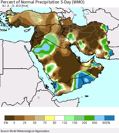 Middle East and Turkey Percent of Normal Precipitation 5-Day (WMO) Thematic Map For 10/21/2023 - 10/25/2023