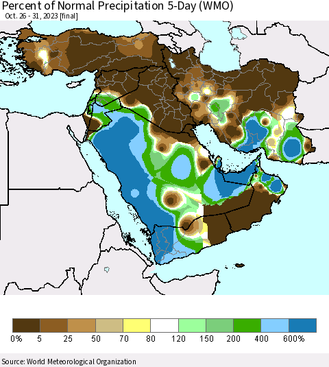 Middle East and Turkey Percent of Normal Precipitation 5-Day (WMO) Thematic Map For 10/26/2023 - 10/31/2023