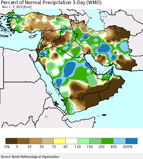 Middle East and Turkey Percent of Normal Precipitation 5-Day (WMO) Thematic Map For 11/1/2023 - 11/5/2023