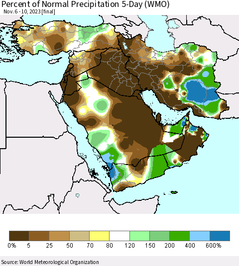 Middle East and Turkey Percent of Normal Precipitation 5-Day (WMO) Thematic Map For 11/6/2023 - 11/10/2023