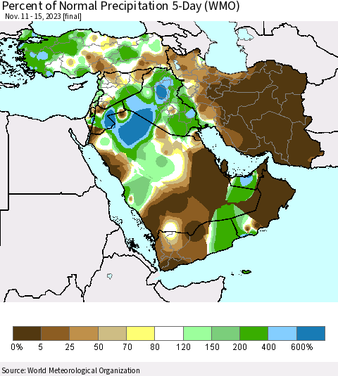 Middle East and Turkey Percent of Normal Precipitation 5-Day (WMO) Thematic Map For 11/11/2023 - 11/15/2023