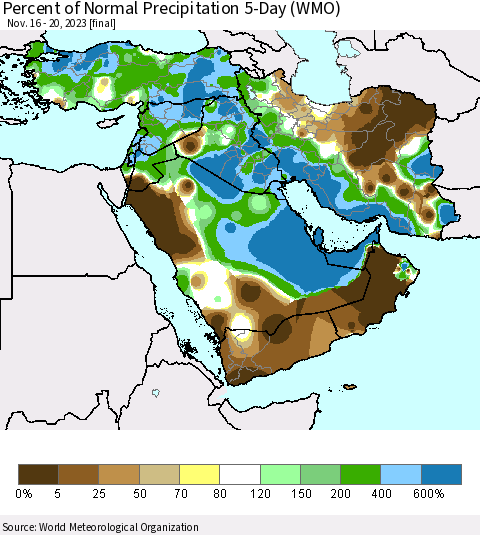 Middle East and Turkey Percent of Normal Precipitation 5-Day (WMO) Thematic Map For 11/16/2023 - 11/20/2023