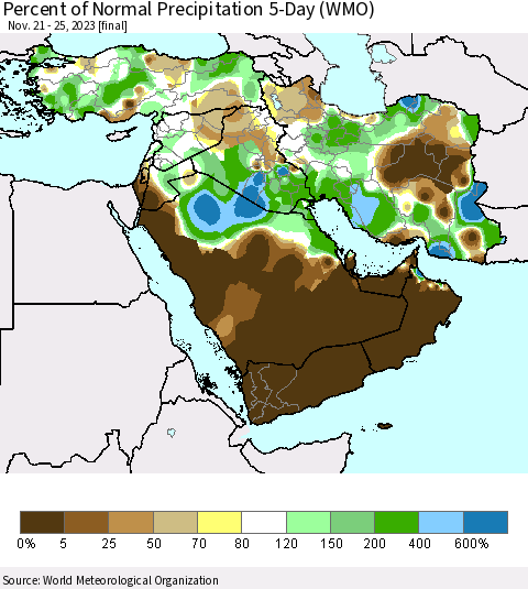 Middle East and Turkey Percent of Normal Precipitation 5-Day (WMO) Thematic Map For 11/21/2023 - 11/25/2023