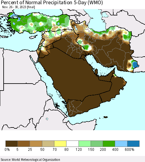 Middle East and Turkey Percent of Normal Precipitation 5-Day (WMO) Thematic Map For 11/26/2023 - 11/30/2023