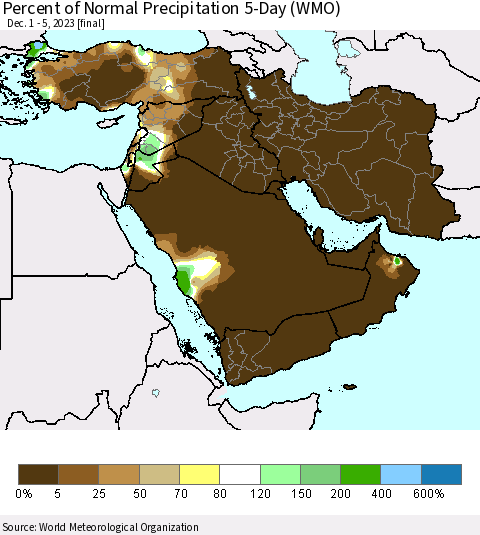 Middle East and Turkey Percent of Normal Precipitation 5-Day (WMO) Thematic Map For 12/1/2023 - 12/5/2023
