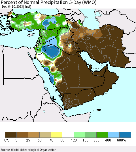 Middle East and Turkey Percent of Normal Precipitation 5-Day (WMO) Thematic Map For 12/6/2023 - 12/10/2023