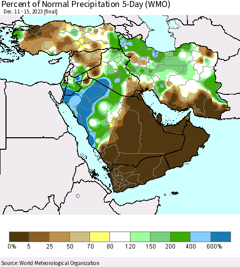 Middle East and Turkey Percent of Normal Precipitation 5-Day (WMO) Thematic Map For 12/11/2023 - 12/15/2023
