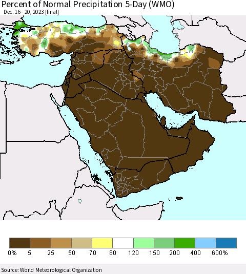 Middle East and Turkey Percent of Normal Precipitation 5-Day (WMO) Thematic Map For 12/16/2023 - 12/20/2023