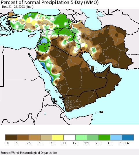 Middle East and Turkey Percent of Normal Precipitation 5-Day (WMO) Thematic Map For 12/21/2023 - 12/25/2023