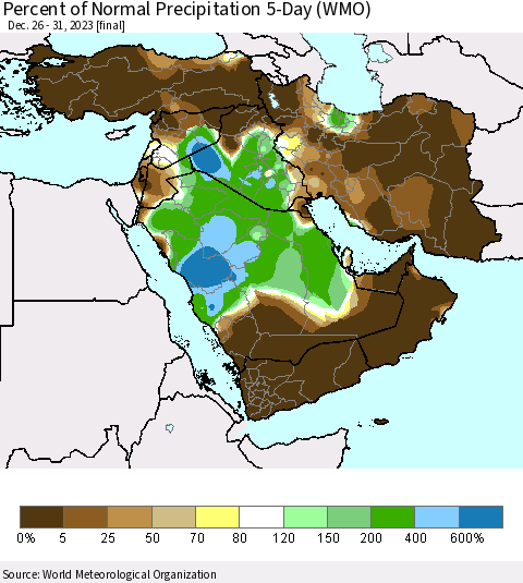 Middle East and Turkey Percent of Normal Precipitation 5-Day (WMO) Thematic Map For 12/26/2023 - 12/31/2023