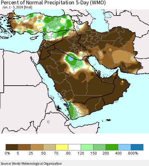 Middle East and Turkey Percent of Normal Precipitation 5-Day (WMO) Thematic Map For 1/1/2024 - 1/5/2024