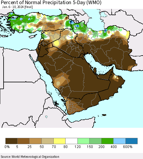 Middle East and Turkey Percent of Normal Precipitation 5-Day (WMO) Thematic Map For 1/6/2024 - 1/10/2024