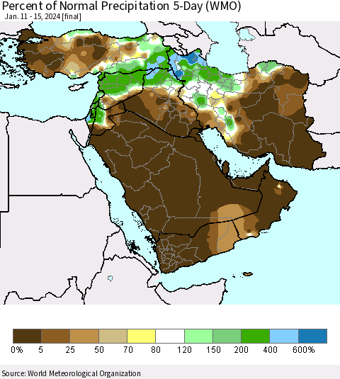Middle East and Turkey Percent of Normal Precipitation 5-Day (WMO) Thematic Map For 1/11/2024 - 1/15/2024