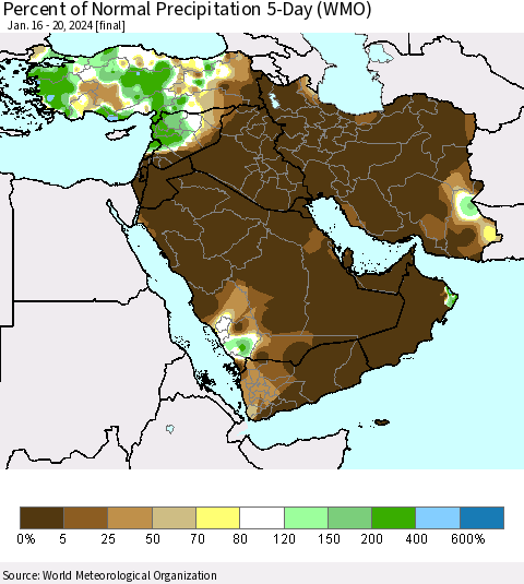 Middle East and Turkey Percent of Normal Precipitation 5-Day (WMO) Thematic Map For 1/16/2024 - 1/20/2024